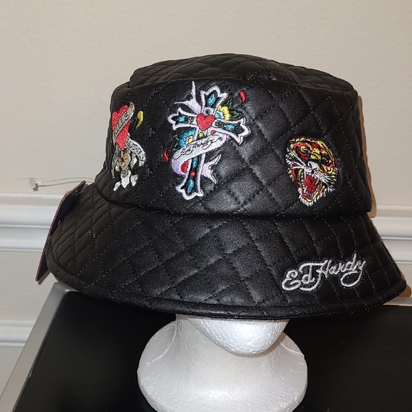 Ed Hardy Accessories - Ed Hardy Black Embroidered Bucket Hat - OSFM
